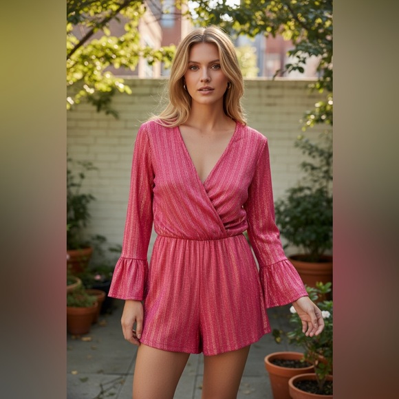 Amanda Uprichard NEW Seraphina Silk Romper Coral Gold Bell Sleeves Size Large - Picture 3 of 11